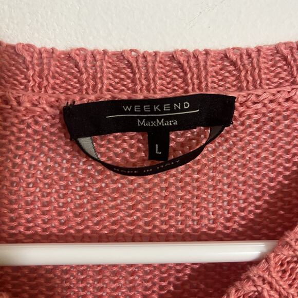 Max Mara Weekend Sweater Womens L Salmon Pink Orange Ribbed Trim V Neck Preppy - Picture 3 of 9
